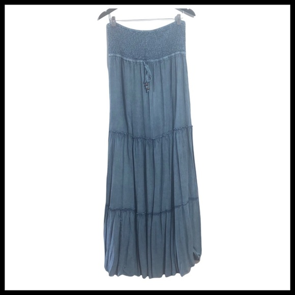 QED LONDON Strapless Smocked Chambray Maxi Dress - Picture 1 of 9